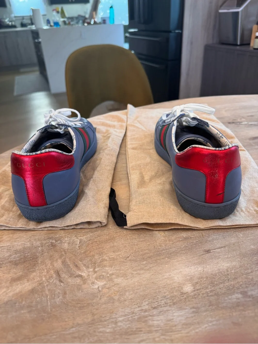 Gucci Blue Leather Low-Top Sneakers with Red Heel and Green-Red Stripe